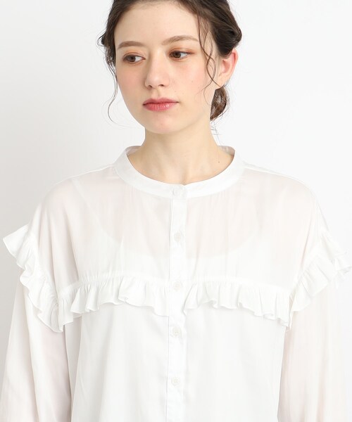 Cutie Blonde（キューティーブロンド）の「◆【甘すぎない！大人のためのデザインブラウス】ヴィンテージサテン フリル付きバンドカラー（シャツ/ブラウス・レディース・ライトブルー/ホワイト系・01/02/03）」の15枚目の写真