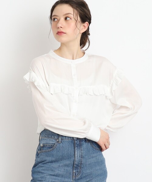 Cutie Blonde（キューティーブロンド）の「◆【甘すぎない！大人のためのデザインブラウス】ヴィンテージサテン フリル付きバンドカラー（シャツ/ブラウス・レディース・ライトブルー/ホワイト系・01/02/03）」の12枚目の写真