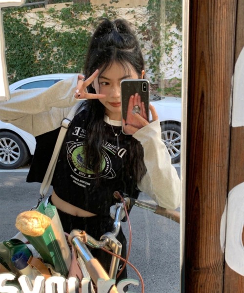 almo（アルモ）の「切り替え配色短丈ロンT(se)（Tシャツ/カットソー・レディース・ブラック・FREE）」の2枚目の写真