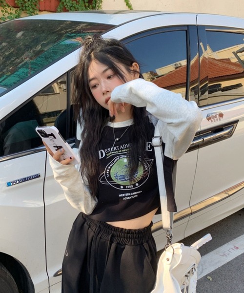 almo（アルモ）の「切り替え配色短丈ロンT(se)（Tシャツ/カットソー・レディース・ブラック・FREE）」の4枚目の写真