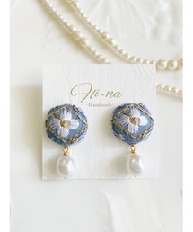 【Hi-na】刺繡テキスタイルのくるみパーツ×パール　ピアス(MA)