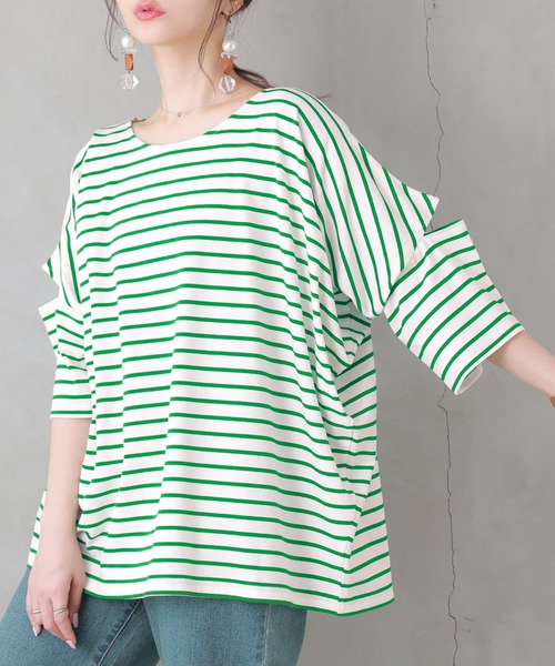 n'OrLABEL（ノアールレーベル）の「【廃盤】『ボーダー柄カットアウトTシャツ』（Tシャツ/カットソー・レディース・ブラウン/ホワイト×グリーン/ホワイト×ネイビー/ブラック×ホワイト・FREE）」の2枚目の写真