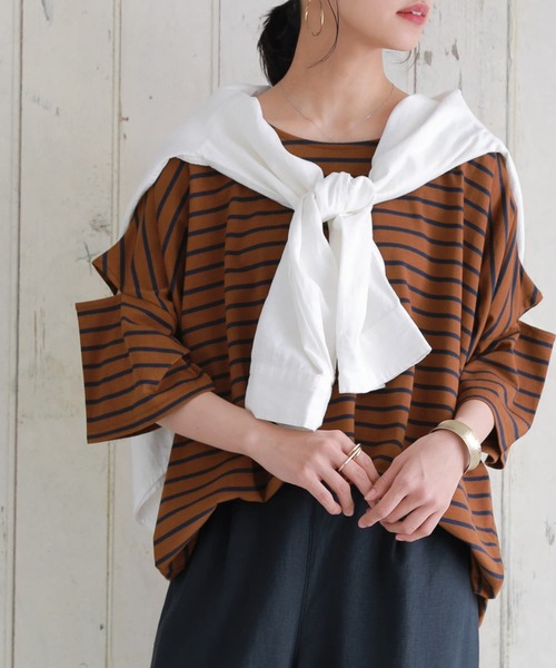 n'OrLABEL（ノアールレーベル）の「【廃盤】『ボーダー柄カットアウトTシャツ』（Tシャツ/カットソー・レディース・ブラウン/ホワイト×グリーン/ホワイト×ネイビー/ブラック×ホワイト・FREE）」の9枚目の写真