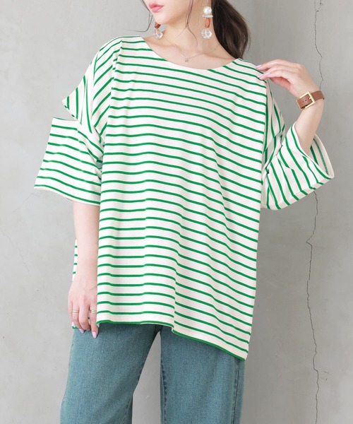 n'OrLABEL（ノアールレーベル）の「【廃盤】『ボーダー柄カットアウトTシャツ』（Tシャツ/カットソー・レディース・ブラウン/ホワイト×グリーン/ホワイト×ネイビー/ブラック×ホワイト・FREE）」の5枚目の写真