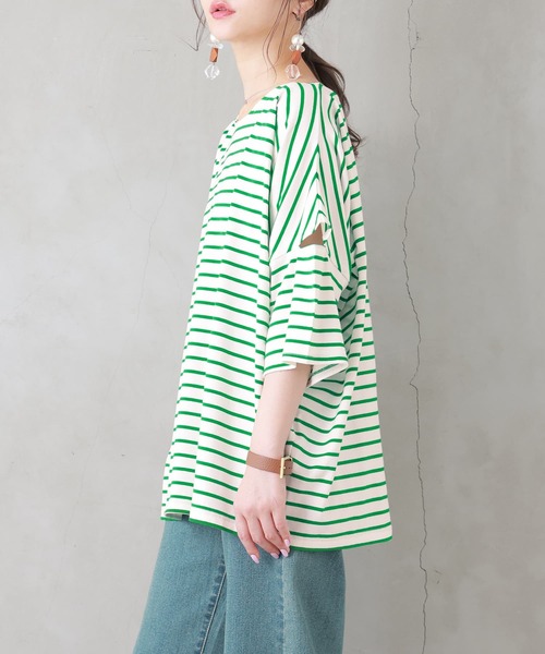 n'OrLABEL（ノアールレーベル）の「【廃盤】『ボーダー柄カットアウトTシャツ』（Tシャツ/カットソー・レディース・ブラウン/ホワイト×グリーン/ホワイト×ネイビー/ブラック×ホワイト・FREE）」の6枚目の写真