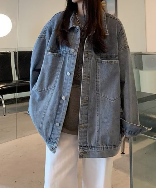 c.u.l（シーユーエル）の「ユニセックス オーバーサイズ ヴィンテージ風デニムジャケット culw522（デニムジャケット・レディース・ブルー・L/M/XL）」の3枚目の写真