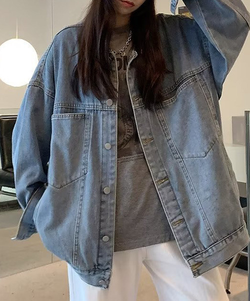 c.u.l（シーユーエル）の「ユニセックス オーバーサイズ ヴィンテージ風デニムジャケット culw522（デニムジャケット・レディース・ブルー・L/M/XL）」の7枚目の写真