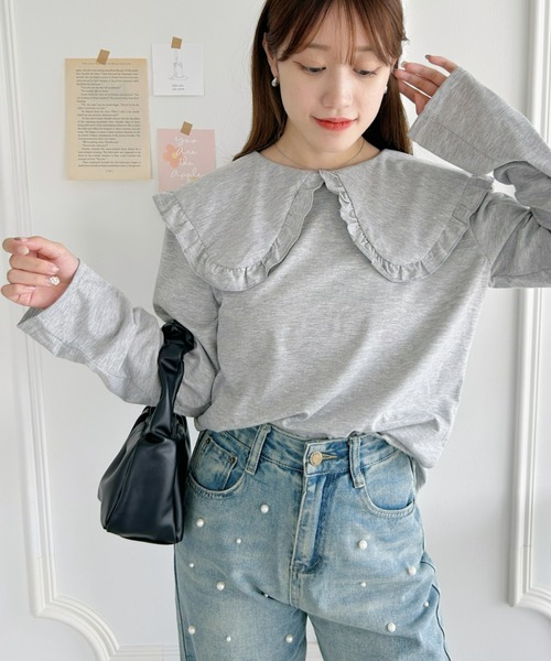 Loueme（ルエム）の「ルーズシルエットフリルカラーカットソートップス（Tシャツ/カットソー・レディース・ブラック/ホワイト/グレー・FREE）」の4枚目の写真