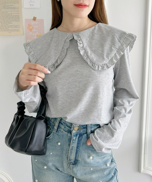 Loueme（ルエム）の「ルーズシルエットフリルカラーカットソートップス（Tシャツ/カットソー・レディース・ブラック/ホワイト/グレー・FREE）」の10枚目の写真