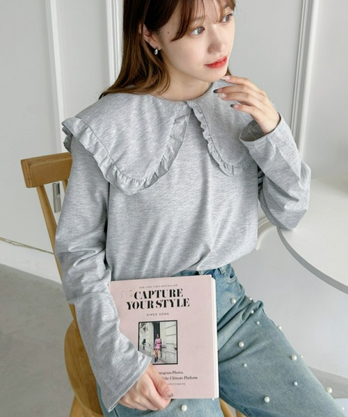 Loueme（ルエム）の「ルーズシルエットフリルカラーカットソートップス（Tシャツ/カットソー・レディース・ブラック/ホワイト/グレー・FREE）」の5枚目の写真