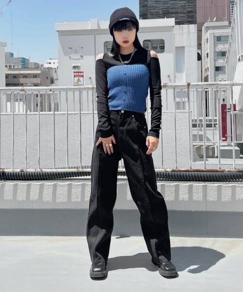 LVEU.（ラブユ.）の「【LVEU.】リブニットボタンビスチェ / トップス チューブトップ ビスチェ リブ ニット ボタン ブラック ブルー（チューブトップ・レディース・ブラック/ブルー・FREE）」の7枚目の写真