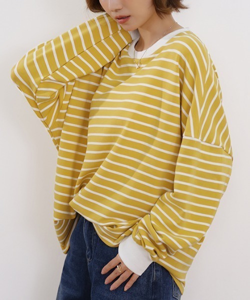 Doux Belle(ドゥーベル)の「ボーダーゆるロングTシャツ(Tシャツ/カットソー・レディース・ブラック/ブラウン/グレー/ホワイト/イエロー・FREE)」の5枚目の写真