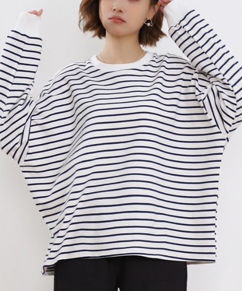 Doux Belle(ドゥーベル)の「ボーダーゆるロングTシャツ(Tシャツ/カットソー・レディース・ブラック/ブラウン/グレー/ホワイト/イエロー・FREE)」の7枚目の写真