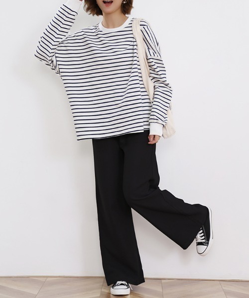 Doux Belle(ドゥーベル)の「ボーダーゆるロングTシャツ(Tシャツ/カットソー・レディース・ブラック/ブラウン/グレー/ホワイト/イエロー・FREE)」の11枚目の写真