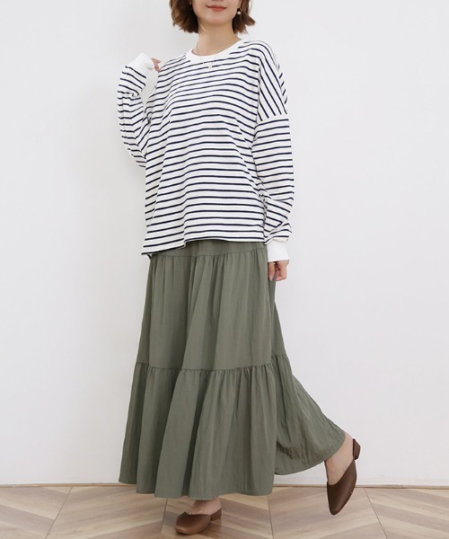 Doux Belle(ドゥーベル)の「ボーダーゆるロングTシャツ(Tシャツ/カットソー・レディース・ブラック/ブラウン/グレー/ホワイト/イエロー・FREE)」の12枚目の写真