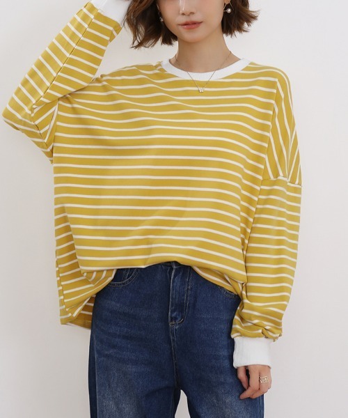 Doux Belle(ドゥーベル)の「ボーダーゆるロングTシャツ(Tシャツ/カットソー・レディース・ブラック/ブラウン/グレー/ホワイト/イエロー・FREE)」の15枚目の写真