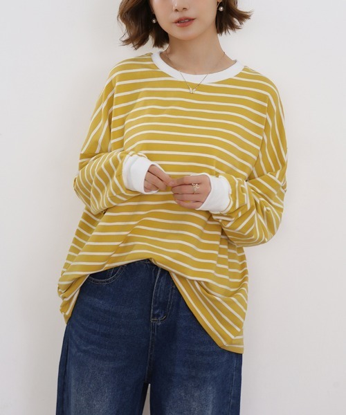 Doux Belle(ドゥーベル)の「ボーダーゆるロングTシャツ(Tシャツ/カットソー・レディース・ブラック/ブラウン/グレー/ホワイト/イエロー・FREE)」の16枚目の写真