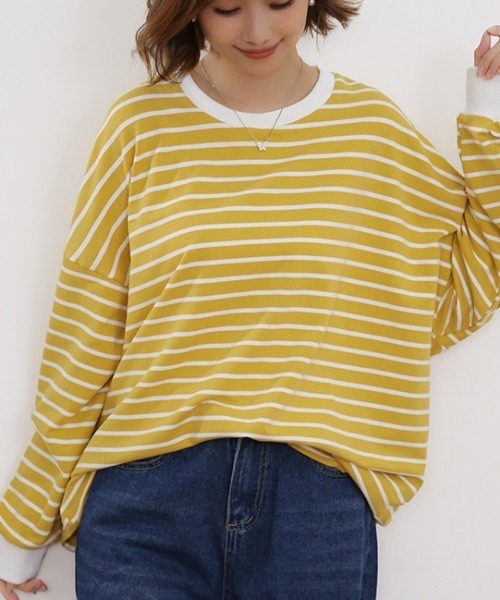 Doux Belle(ドゥーベル)の「ボーダーゆるロングTシャツ(Tシャツ/カットソー・レディース・ブラック/ブラウン/グレー/ホワイト/イエロー・FREE)」の17枚目の写真