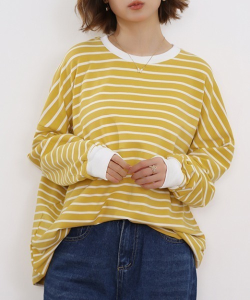 Doux Belle(ドゥーベル)の「ボーダーゆるロングTシャツ(Tシャツ/カットソー・レディース・ブラック/ブラウン/グレー/ホワイト/イエロー・FREE)」の18枚目の写真