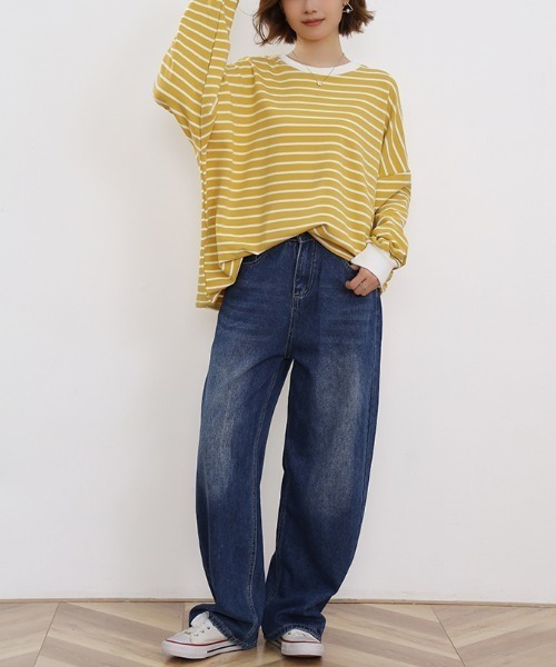 Doux Belle(ドゥーベル)の「ボーダーゆるロングTシャツ(Tシャツ/カットソー・レディース・ブラック/ブラウン/グレー/ホワイト/イエロー・FREE)」の21枚目の写真