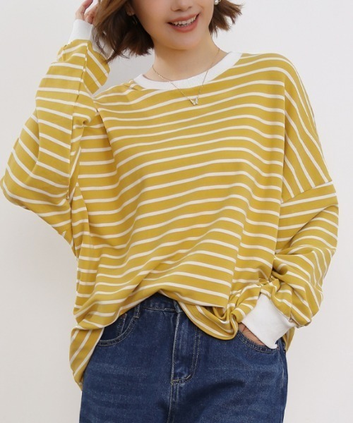 Doux Belle(ドゥーベル)の「ボーダーゆるロングTシャツ(Tシャツ/カットソー・レディース・ブラック/ブラウン/グレー/ホワイト/イエロー・FREE)」の14枚目の写真