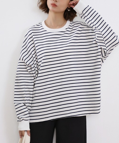 Doux Belle(ドゥーベル)の「ボーダーゆるロングTシャツ(Tシャツ/カットソー・レディース・ブラック/ブラウン/グレー/ホワイト/イエロー・FREE)」の6枚目の写真
