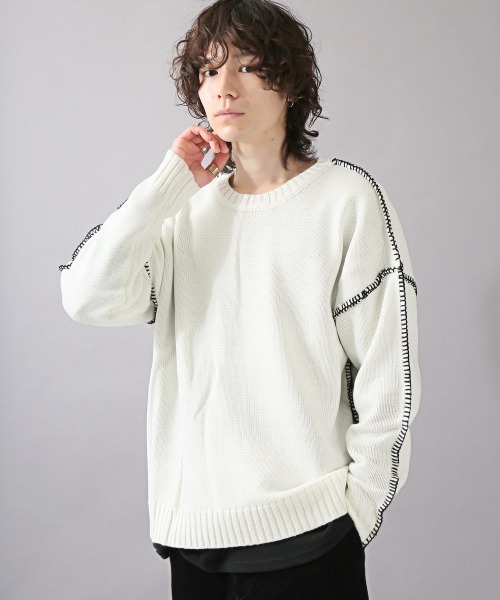 LUXSTYLE（ラグスタイル）の「ハンドステッチクルーネックニット（ニット/セーター・メンズ・ホワイト/チャコール/ブラック・L/XL/M）」の18枚目の写真