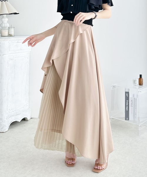 mily bilet(ミウィビレット)の「【mily bilet】1枚でパッと華やぎをプラス。アシメトリーフリル使いプリーツチュールスカート(ロング丈)(スカート・レディース・ブラック/ピンクベージュ・X-LARGE/LARGE/MEDIUM/SMALL)」の2枚目の写真