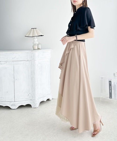 mily bilet(ミウィビレット)の「【mily bilet】1枚でパッと華やぎをプラス。アシメトリーフリル使いプリーツチュールスカート(ロング丈)(スカート・レディース・ブラック/ピンクベージュ・X-LARGE/LARGE/MEDIUM/SMALL)」の7枚目の写真