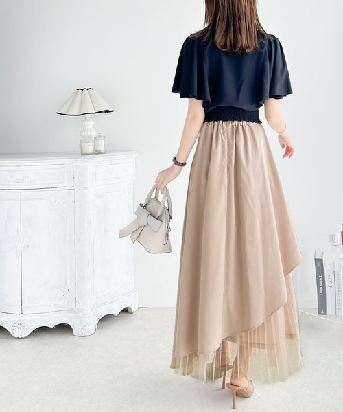 mily bilet(ミウィビレット)の「【mily bilet】1枚でパッと華やぎをプラス。アシメトリーフリル使いプリーツチュールスカート(ロング丈)(スカート・レディース・ブラック/ピンクベージュ・X-LARGE/LARGE/MEDIUM/SMALL)」の10枚目の写真