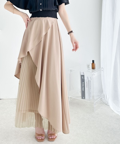 mily bilet(ミウィビレット)の「【mily bilet】1枚でパッと華やぎをプラス。アシメトリーフリル使いプリーツチュールスカート(ロング丈)(スカート・レディース・ブラック/ピンクベージュ・X-LARGE/LARGE/MEDIUM/SMALL)」の5枚目の写真