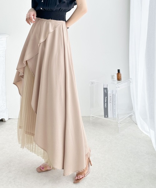 mily bilet(ミウィビレット)の「【mily bilet】1枚でパッと華やぎをプラス。アシメトリーフリル使いプリーツチュールスカート(ロング丈)(スカート・レディース・ブラック/ピンクベージュ・X-LARGE/LARGE/MEDIUM/SMALL)」の8枚目の写真