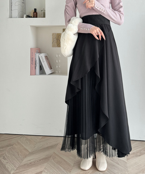 mily bilet(ミウィビレット)の「【mily bilet】1枚でパッと華やぎをプラス。アシメトリーフリル使いプリーツチュールスカート(ロング丈)(スカート・レディース・ブラック/ピンクベージュ・X-LARGE/LARGE/MEDIUM/SMALL)」の16枚目の写真