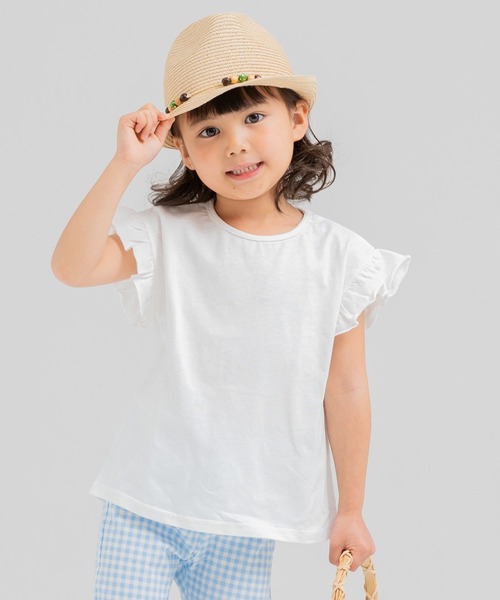 chil2（チルツー）の「コットン100％ 無地フリルTシャツ（Tシャツ/カットソー・キッズ・ミント/ラベンダー/ブラック/スモークピンク/クリーム/サックスブルー/ライトグリーン/オレンジ系/ホワイト/ネイビー・150cm/160cm/80ｃｍ/110cm/100cm/90cm/120cm/140cm/130cm）」の2枚目の写真