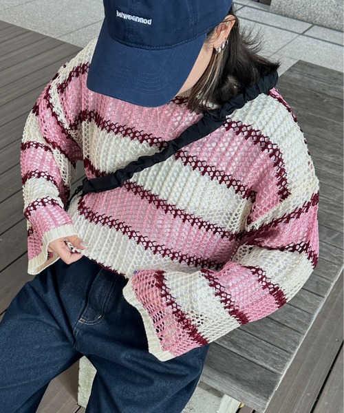 kutir（クティール）の「透かし編みマルチボーダーメッシュニット（ニット/セーター・レディース・ブルー/グリーン/ピンク・FREE）」の17枚目の写真