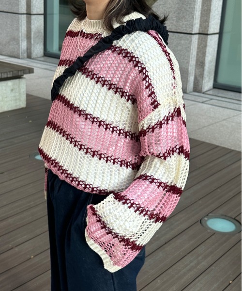 kutir（クティール）の「透かし編みマルチボーダーメッシュニット（ニット/セーター・レディース・ブルー/グリーン/ピンク・FREE）」の18枚目の写真