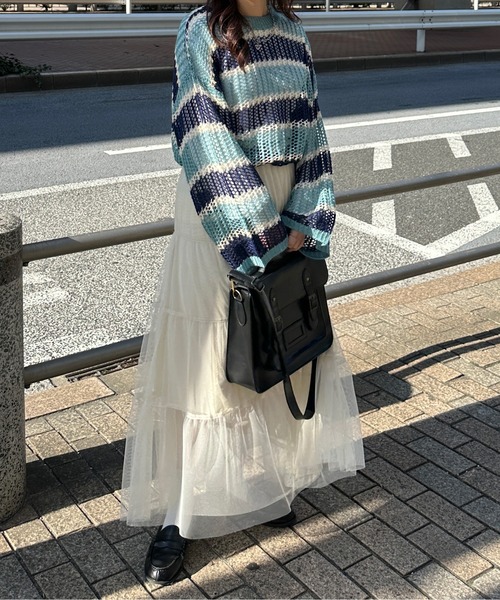 kutir（クティール）の「透かし編みマルチボーダーメッシュニット（ニット/セーター・レディース・ブルー/グリーン/ピンク・FREE）」の7枚目の写真