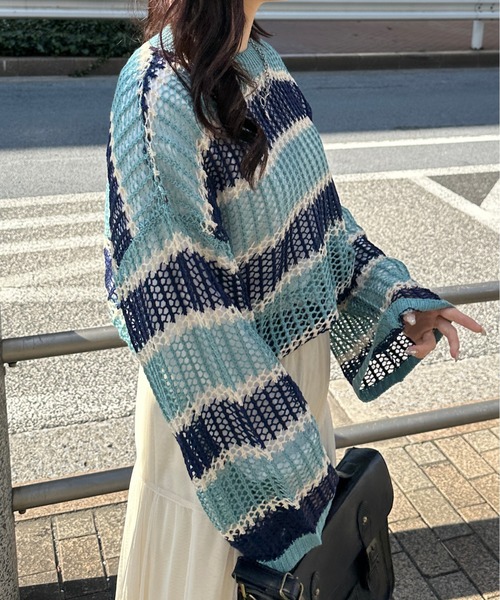 kutir（クティール）の「透かし編みマルチボーダーメッシュニット（ニット/セーター・レディース・ブルー/グリーン/ピンク・FREE）」の5枚目の写真