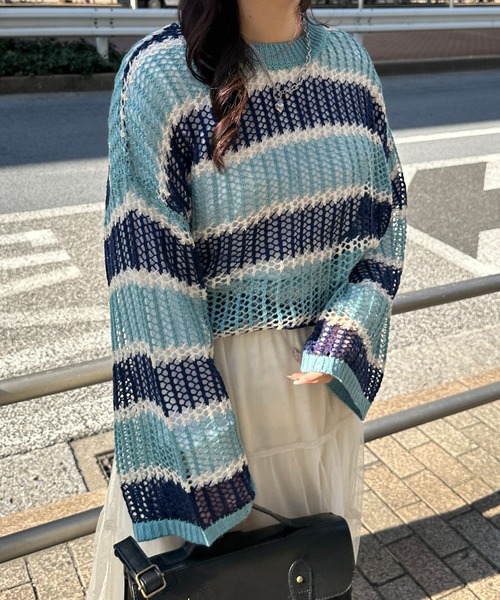kutir（クティール）の「透かし編みマルチボーダーメッシュニット（ニット/セーター・レディース・ブルー/グリーン/ピンク・FREE）」の4枚目の写真