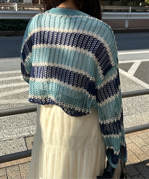 kutir（クティール）の「透かし編みマルチボーダーメッシュニット（ニット/セーター・レディース・ブルー/グリーン/ピンク・FREE）」の6枚目の写真