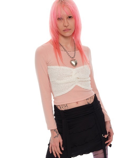youthbath(ユースバース)の「A'GEM/9 × .kom 『youthbath/ユースバス』 RIBBON LONG SLEEVE/リボン長袖カットソー(Tシャツ/カットソー・レディース・ブラック/ピンク・M)」の8枚目の写真