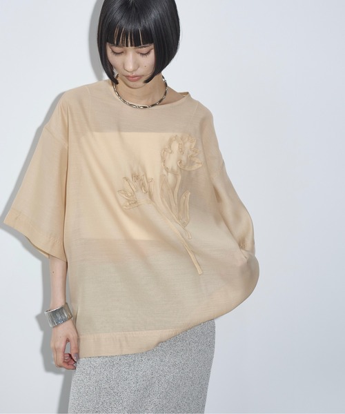 エグランティーヌ EGLANTINE コード刺繍シアースリーブカットソー （オフホワイト） エグランティーヌ EGLANTINE コード刺繍シアースリーブ