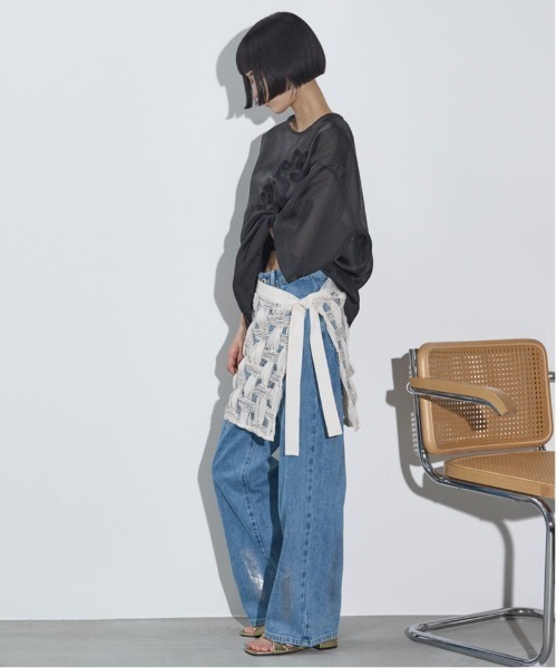 THE YOn（ザヨン）の「フラワーコード刺繍シアーハーフスリーブトップス（Tシャツ/カットソー・レディース・ナチュラル/ブラック/シャーベット・FREE）」の8枚目の写真