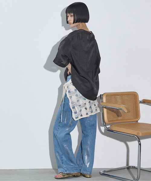 THE YOn（ザヨン）の「フラワーコード刺繍シアーハーフスリーブトップス（Tシャツ/カットソー・レディース・ナチュラル/ブラック/シャーベット・FREE）」の9枚目の写真