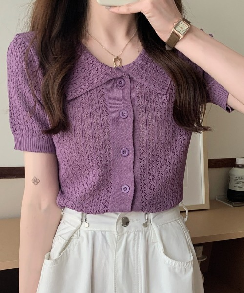 deux amour(ドゥーザムール)の「えり付き前ボタンメッシュカーディガン(アンサンブル・レディース・ブラック/グリーン/ホワイト/イエロー/パープル・FREE)」の4枚目の写真