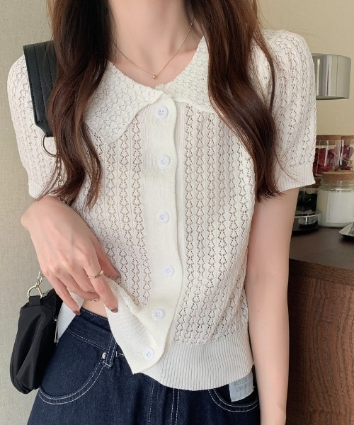 deux amour(ドゥーザムール)の「えり付き前ボタンメッシュカーディガン(アンサンブル・レディース・ブラック/グリーン/ホワイト/イエロー/パープル・FREE)」の1枚目の写真