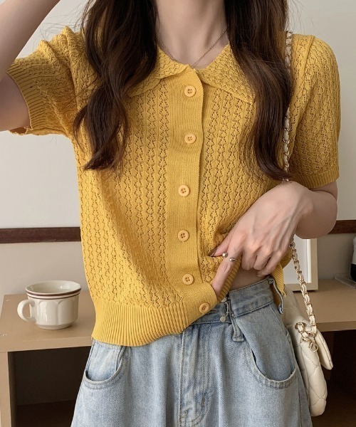 deux amour(ドゥーザムール)の「えり付き前ボタンメッシュカーディガン(アンサンブル・レディース・ブラック/グリーン/ホワイト/イエロー/パープル・FREE)」の5枚目の写真