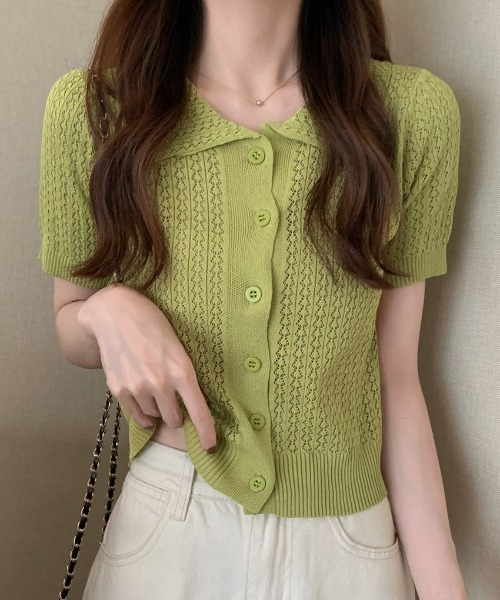 deux amour(ドゥーザムール)の「えり付き前ボタンメッシュカーディガン(アンサンブル・レディース・ブラック/グリーン/ホワイト/イエロー/パープル・FREE)」の3枚目の写真