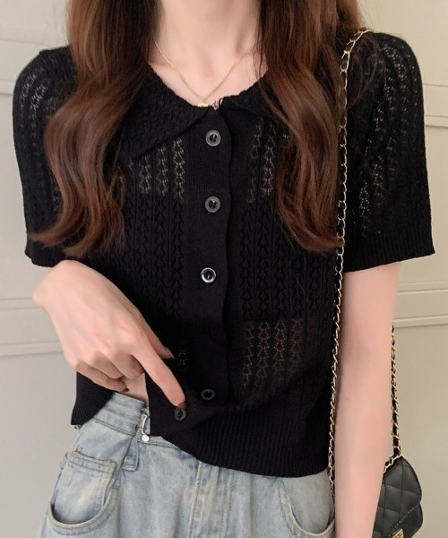 deux amour(ドゥーザムール)の「えり付き前ボタンメッシュカーディガン(アンサンブル・レディース・ブラック/グリーン/ホワイト/イエロー/パープル・FREE)」の2枚目の写真