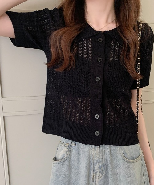 deux amour(ドゥーザムール)の「えり付き前ボタンメッシュカーディガン(アンサンブル・レディース・ブラック/グリーン/ホワイト/イエロー/パープル・FREE)」の7枚目の写真